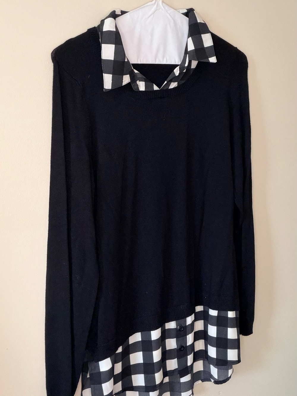Adrianna Papell Black Sweater with Black & White Gingham Trim